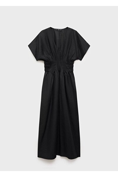 MANGO Woman Büzgülü panelli uzun keten elbise