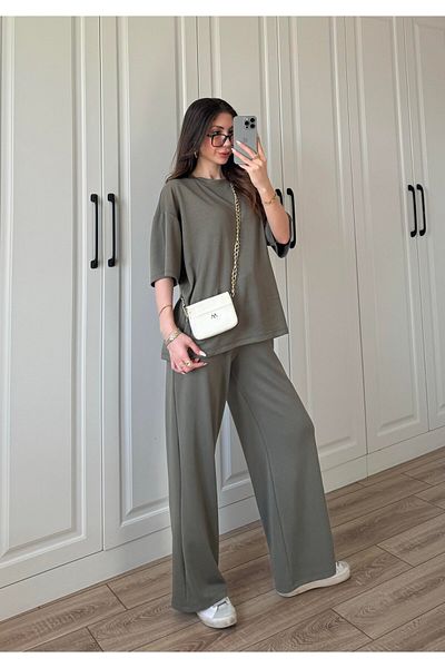 manana fashion Set de trening de calitate premium din țesătură modal kaki, cu decolteu oversize, cu mânecă scurtă