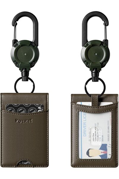 VULKIT حامل بطاقات الهوية مع مشبك قابل للسحب، حامل بطاقات جلدي مزدوج العين، سعة 5 بطاقات