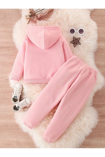 DUBU BUTİK California Printed Cotton Kids Hoodie Set - Pink Jogger Printed Girls Boys