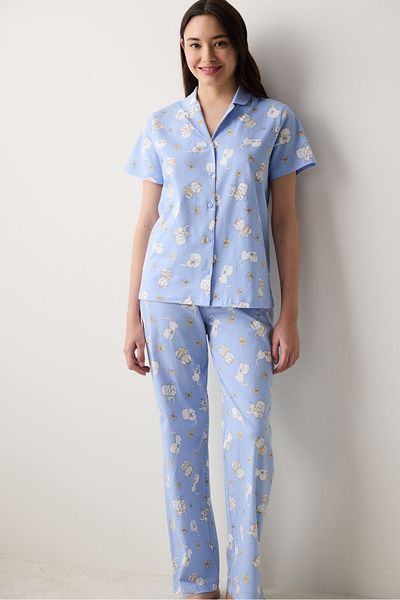 Penti Set de pijamale albastru deschis cu pantaloni de cămașă cu papion