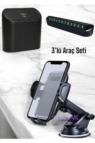 Hombak 3 lü Araç Seti Mini Çöp Kovası, Numaratör, 360 Telefon Tutucu Özel Set