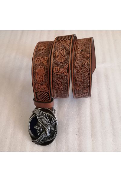 Butik Tülin Unisex Authentic Faux Leather Tan Eagle Printed Mountain Flying Eagle Cowboy Buckle Belt Made in Thailand