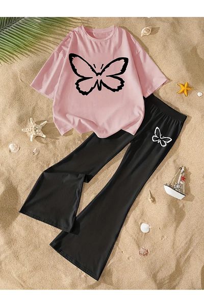 PENTHİLUS Set de vară pentru fete, confortabil cu model de fluturi, tricou cu mânecă scurtă cu gât rotund + pantaloni cu picioare largi