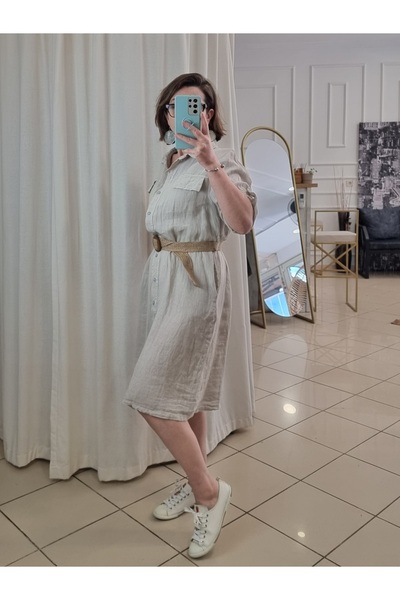 pudubutik Kemerli Keten Elbise Bej İtalyan