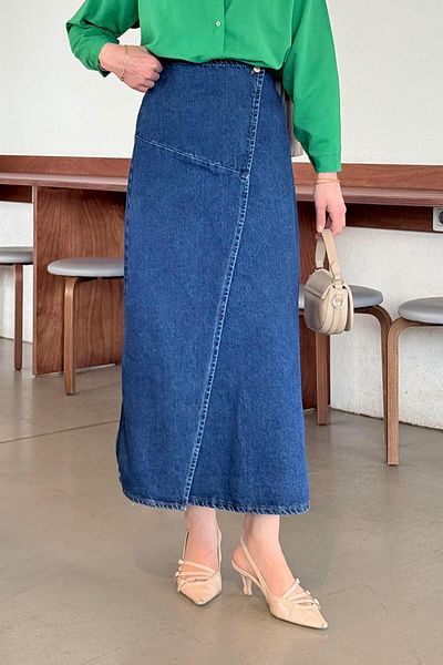 lamelif Fusta din denim hijab cu închidere dublu albastru închis