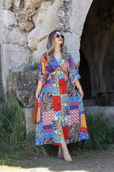 bytugcekaya Blue Ethnic Pattern Bat Sleeve Slit Detail Dress