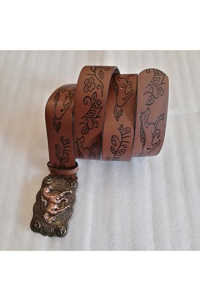 Butik Tülin Unisex Authentic Faux Leather Coffee Horse Flower Printed Copper Star Running Horse Cowboy Buckle Belt Thailand