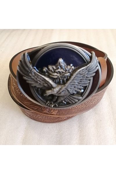 Butik Tülin Unisex Authentic Faux Leather Tan Eagle Printed Mountain Flying Eagle Cowboy Buckle Belt Made in Thailand