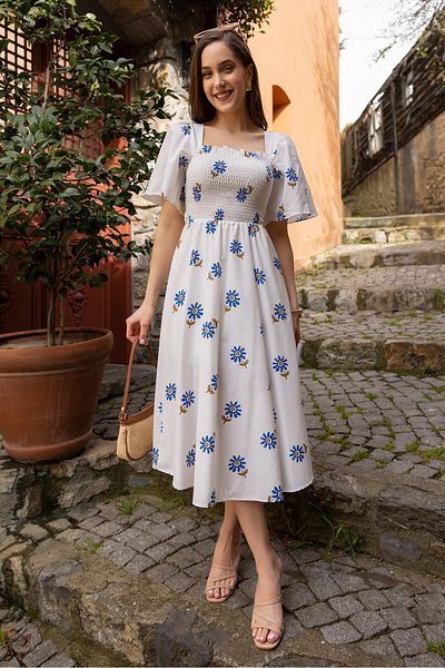 Lusin Rochie midi din popelin de vară, cu model floral, căptușită cu ghipel