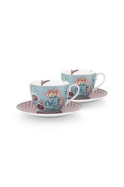 Pip Studio Set of 2 cups with saucers, porcelain, Pip Studio, 280ml, Flower Festival collection, Light Blue