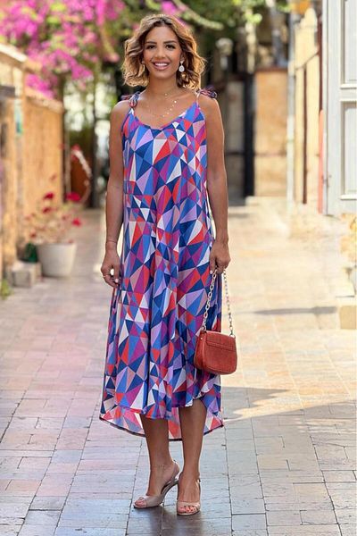 Nevin Kaya Moda Μωβ φόρεμα με μωσαϊκό με δεμένους ώμους