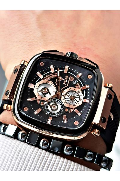 Fiesta Black Color Square Model Steel Case Guaranteed Business Men's Wristwatch + Bracelet