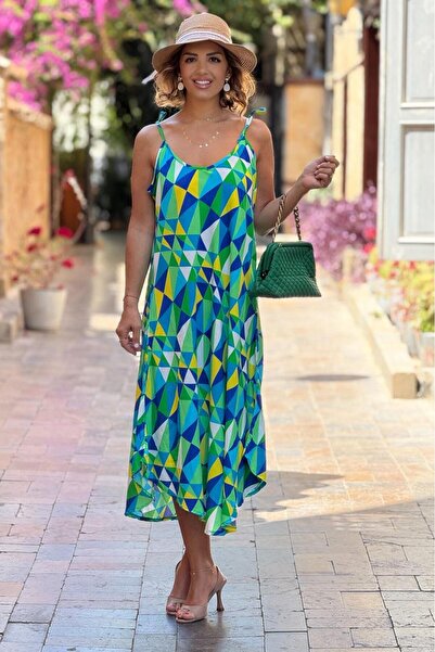 Nevin Kaya Moda Green Mosaic Patterned Tie Shoulder Strap Dress