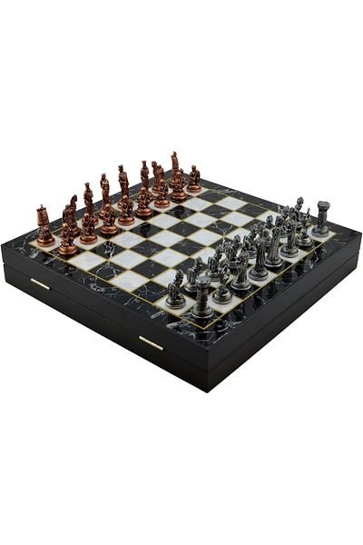 STOREMAX Ekn Medium Size Metal Trojan-Spartan Chess Set Mdf Board with Antique and Marble Pattern Storage Box (3