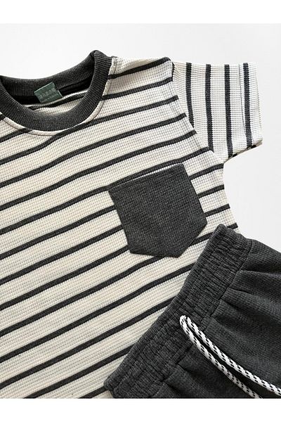 Pijamakids Boys' Cotton Waffle Fabric Gray White Striped Pattern Short Sleeve Shorts Summer Pajamas Set