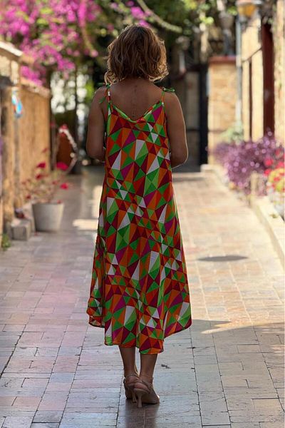 Nevin Kaya Moda Rochie portocalie cu modele de mozaic cu bretele cu umeri