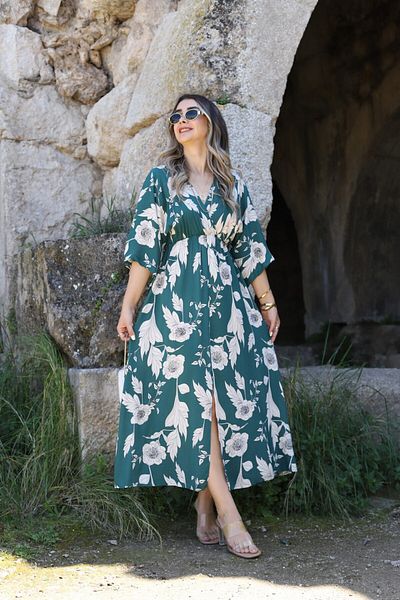 bytugcekaya Green Lily Pattern Bat Sleeve Slit Detail Dress