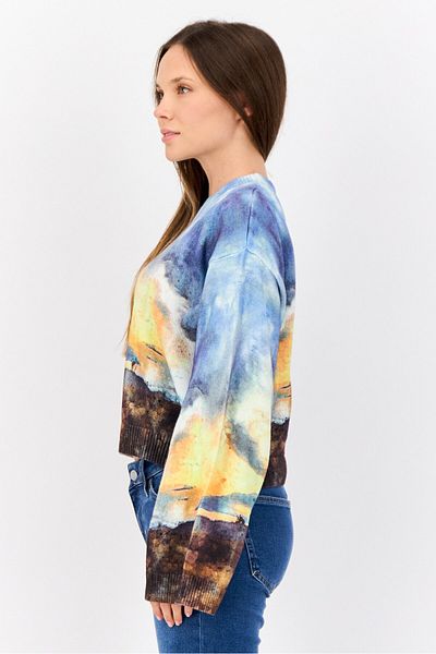 Esprit Women Ribbed Collar Graphic Printed Sweater, Multicolour