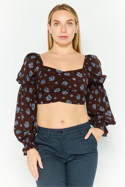 Monki Women Square Neckline Long Sleeve Floral Print Top, Dark Brown