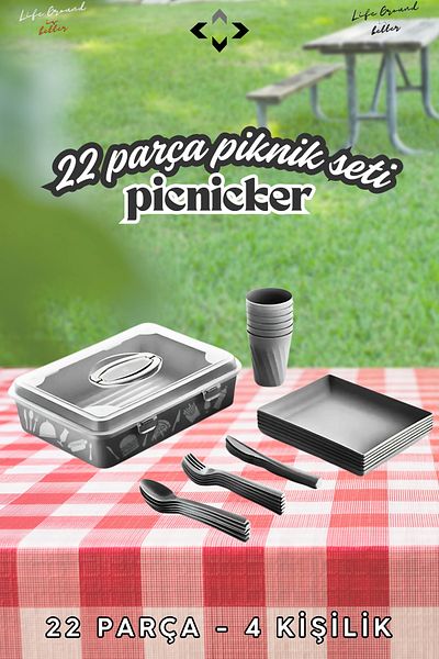 LİGROUND M-Picnicker 4 Person 22 Piece Picnic Set Camping Picnic Dinner Set Plastic Picnic Set Basket