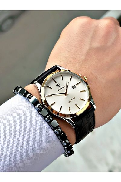 Fiesta Black Color Classic Plain Model Steel Case Men's Wristwatch + Bracelet