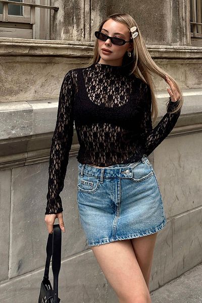 Swist Black Embossed Transparent Lace Detail Women's Crop Blouse
