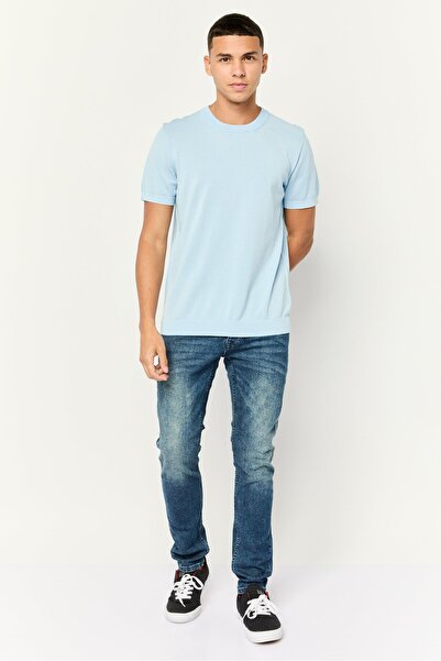 Esprit Men Ribbed Neck Short Sleeves Plain Seamless T-Shirt, Light Blue