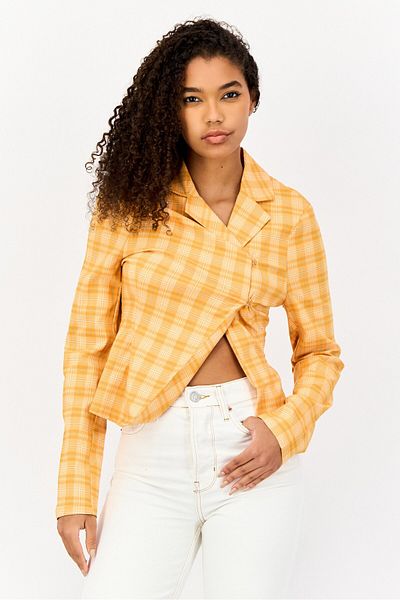 collusion Women Regular Fit Checkered Semi-Formal Blazer, Orange