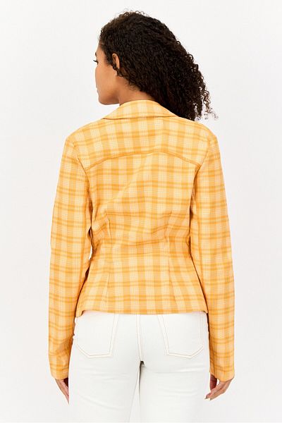 collusion Women Regular Fit Checkered Semi-Formal Blazer, Orange