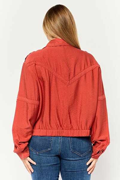 Dkny Women Plain Full Zip Shirt Jacket, Rust Red