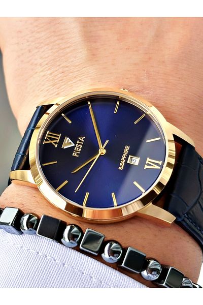 Fiesta Navy Blue Color Roman Numeral Steel Case Business Men's Wrist Watch + Bracelet