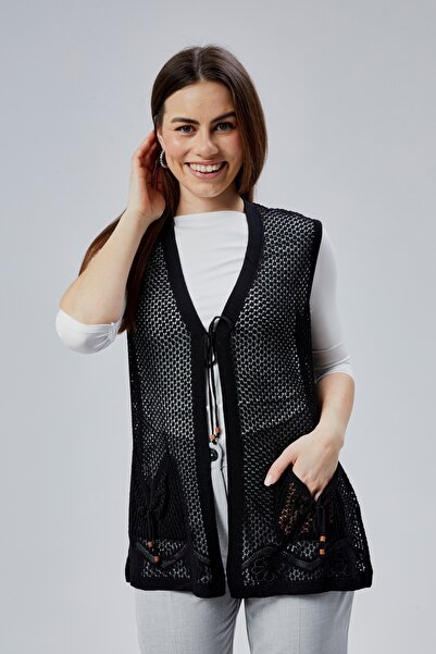 larocci Kadın Standart V Yaka File Detaylı Çiçekli Cepli Anne Yelek