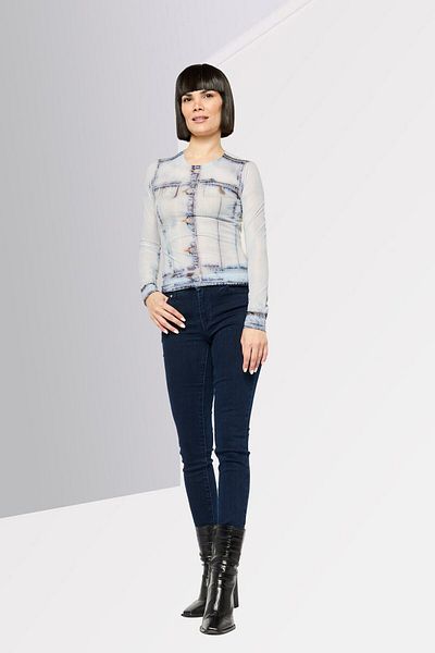 Diesel Women Crew Neck Log Sleeve Graphic Print Top, Light Grey