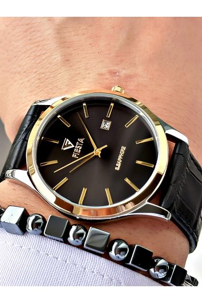 Fiesta Black Color Classic Plain Model Steel Case Men's Wristwatch + Bracelet