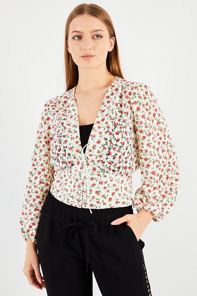 The Kooples Women V- Neck Puffed Sleeves Allover Print Top, White