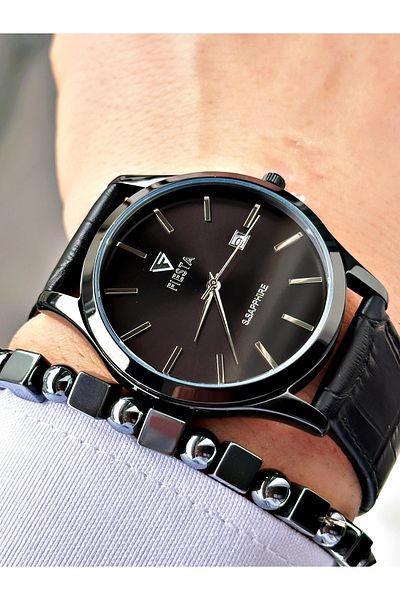 Fiesta Black Color Classic Plain Model Steel Case Men's Wristwatch Bracelet