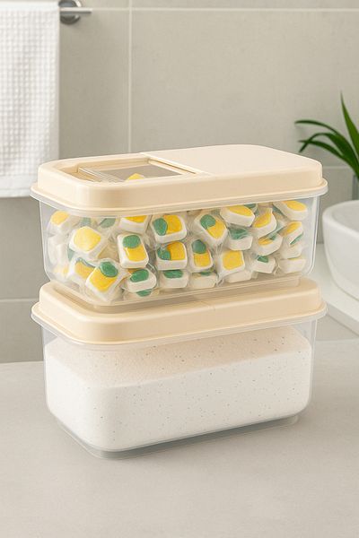 welcomein Set of 2 7.5 Lt Mega Bathroom Organizer Sliding Lid Labeled Powder Tablet Detergent Storage Box