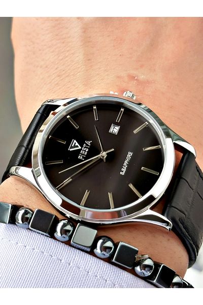 Fiesta Black Color Classic Plain Model Steel Case Men's Wristwatch + Bracelet
