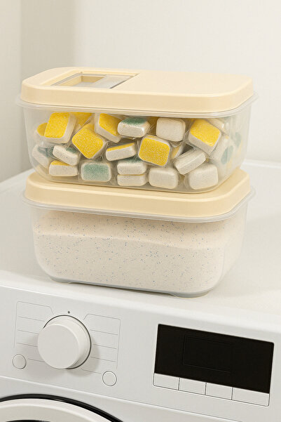 welcomein 2'li Set 7,5 Lt Mega Banyo Düzenleyici Kayar Kapaklı Etiketli Toz Tablet Deterjan Saklama Kutusu