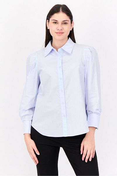 Steve Madden Women Pointed Collar Plain Long Sleeve Shirts, Light Blue