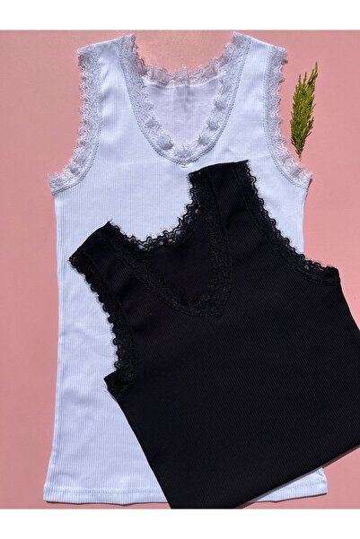 LEYNA BUTİK Бавовняна трикотажна майка з мереживними деталями на рукавах і ко...
