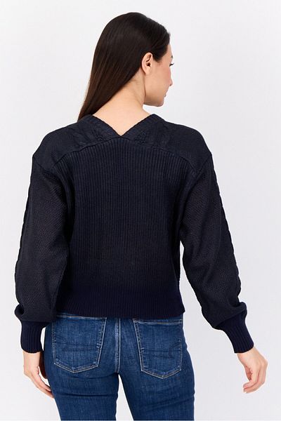 Esprit Women Round Neck Textured Long Sleeves Crop Sweatshirt, Navy