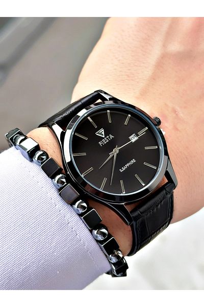 Fiesta Black Color Classic Plain Model Steel Case Men's Wristwatch Bracelet