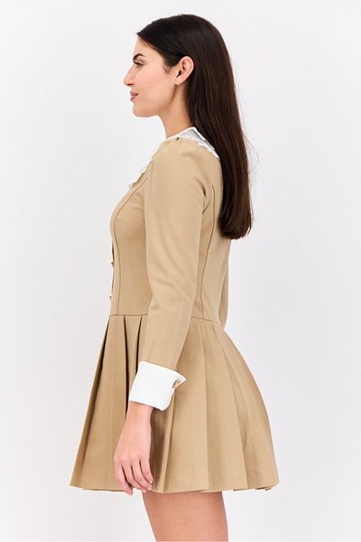 Steve Madden Women Peter Pan Pleated Mini Dress, Dark Beige