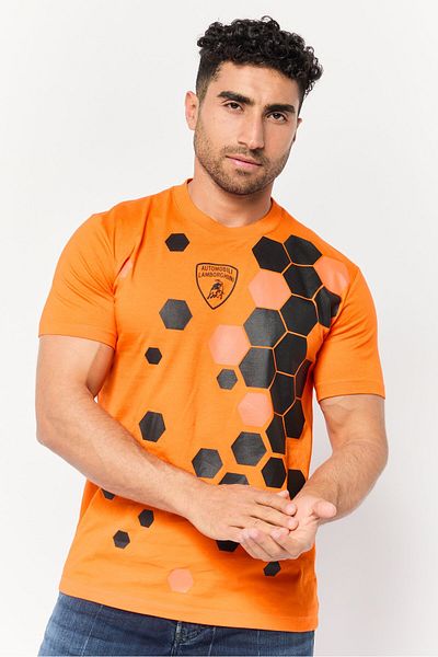 Lamborghini Men Crew Neck Short Sleeves Graphic Print T-shirt, Orange