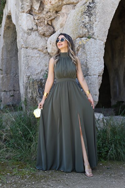 bytugcekaya Haki Halter Yaka Elbise