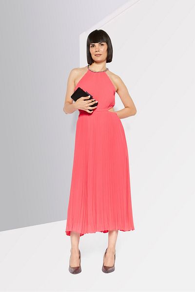 Michael Kors Women Pleated Cut Out Detail Midi Dress, Pink