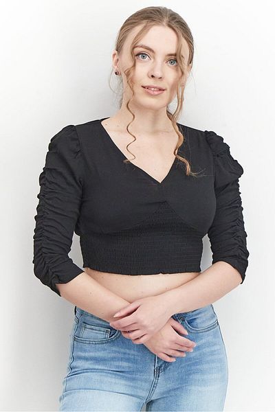 Cropp Women V-neckline Long Sleeve Plain Top, Black