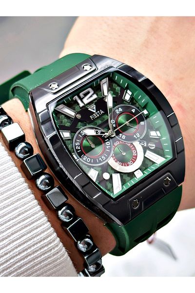 Fiesta Green Color Silicone Function Steel Case Business Men's Wrist Watch + Bracelet